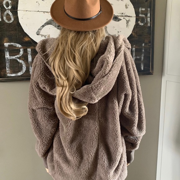 New Cozy Oversized Teddy Hooded Brown Cardigan Sweater Coat / Western Boho - Picture 6 of 9